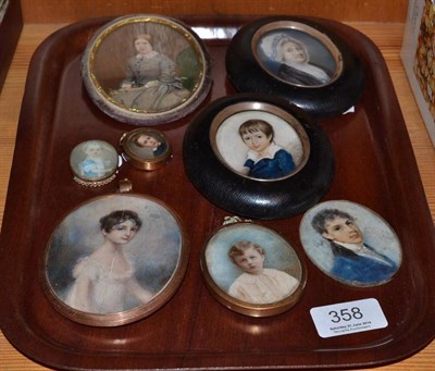 Lot 358 - Six various miniature portraits on ivory and porcelain, and two overpainted photographic...