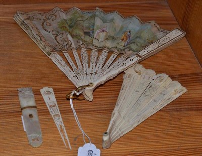 Lot 359 - A French fan with gilt decorated bone sticks and guards; an ivory brisee fan; a mother of pearl...