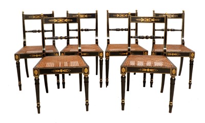 Lot 749 - A Set of Six Regency Ebonised and Parcel Gilt...