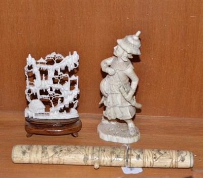 Lot 363 - A late 19th century carved ivory figure of a Samurai warrior, a carved ivory ornament in the...