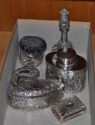 Lot 367 - A heart shaped silver pin cushion, two silver boxes with repousse decoration, a tea caddy, matchbox