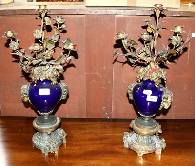 Lot 1381 - A Pair of Gilt Metal and Blue Porcelain...