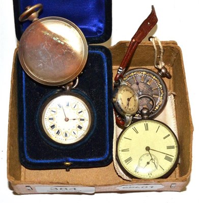 Lot 384 - Two Continental fob watches, a key wind pocket watch, a lady's wristwatch, a silver stamp case...