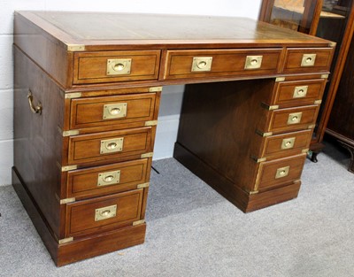 Lot 1206 - A Brass-Bound Campaign Mahogany Pedestal Desk,...