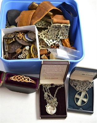 Lot 389 - A quantity of costume jewellery, nursing badges, Girl Guide badges, nurse's plated belt etc