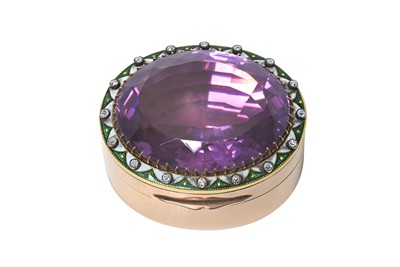 Lot 2162 - A Continental Gold-Mounted Amethyst, Diamond and Enamel Pill-Box