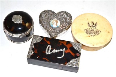 Lot 396 - A silver and tortoiseshell mounted circular box, a similar matchbox holder, a Victorian heart...