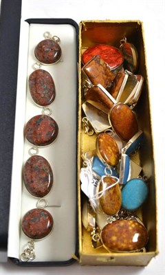 Lot 397 - An iridescent stone bracelet, five other stone set bracelets, stamped '925' and three stone set...