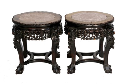 Lot 221 - A Pair of Chinese Padouk Wood and Pink Marble...