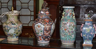 Lot 413 - A large Japanese Imari baluster vase and cover, a Chinese turquoise ground large vase, a modern...