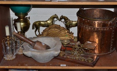 Lot 432 - A shelf of ornamental items including a set of postal scales, a copper coal bucket, pair of...