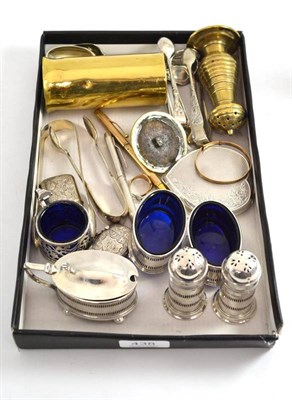 Lot 438 - A 9ct gold ring, two silver vesta cases, silver ingot, silver pencil, silver plated flatware...