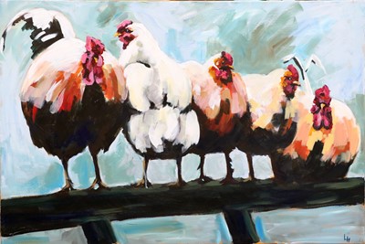 Lot 1038 - Lesley Heath (b.1966) A Group of Chickens on a...