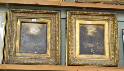 Lot 470 - Attributed to Robin Feison?, a pair of oils on panel depicting figures in landscapes with a stream