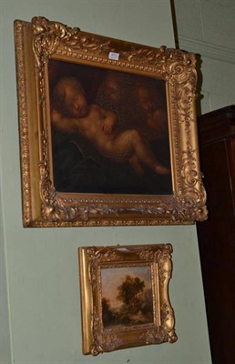 Lot 473 - 19th century sleeping cherubs, oil on canvas, together with an oil on canvas of a river landscape