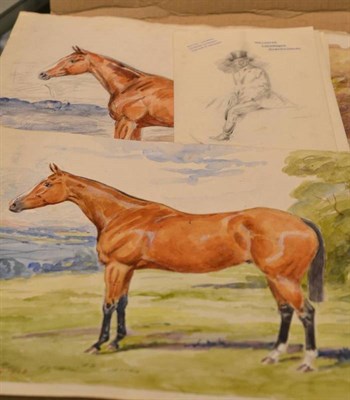 Lot 485 - Two watercolour sketches of Chillingham, a bay hunter, five pencil sketches, hunting scenes