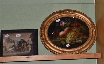 Lot 496 - A reverse painting on glass - still life of fruits; a pair of coaching prints; a framed set of...