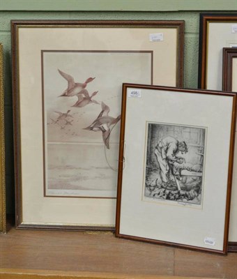 Lot 498 - Percy Smith, 'The Onion Seller', signed etching, together with after Thorburn, ducks in flight...