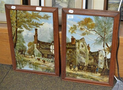 Lot 502 - Two painted ceramic panels of country scenes, in wooden frames