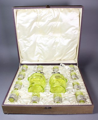 Lot 215 - A Cased Set of Twelve Silver-Mounted Green...