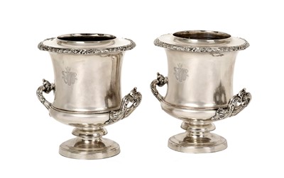 Lot 2182 - A Pair of Old Sheffield Plate Wine-Coolers, Collars and Liners
