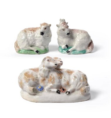 Lot 54 - A Porcelain Group of Two Lambs, probably Longton Hall, circa 1752, each recumbent with fawn...