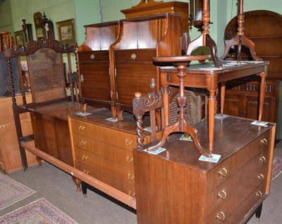 Lot 557 - A pair of oak cane panelled single beds, a pair of bedside cupboards, blanket box and contents, two