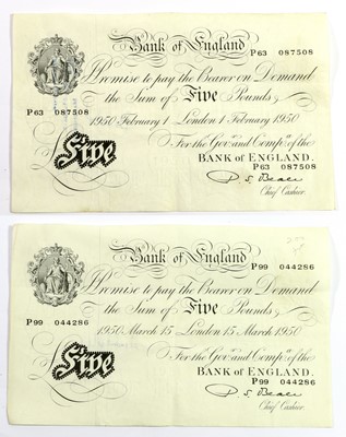 Lot 560 - 2 x Bank of England, White Five Pounds 1950,...