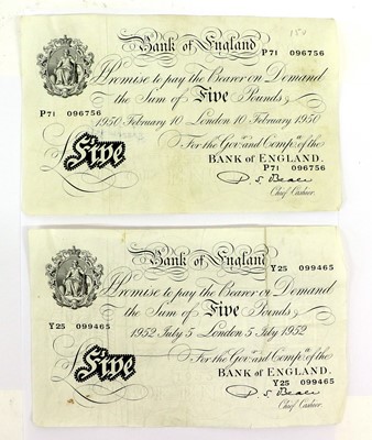 Lot 561 - 2 x Bank of England, White Five Pounds 1950...