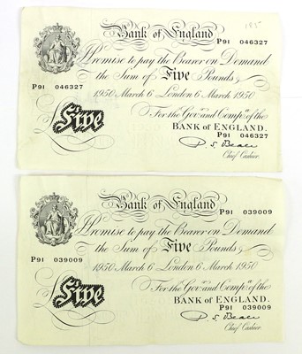 Lot 559 - 2 x Bank of England, White Five Pounds 1950,...