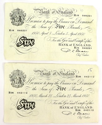 Lot 558 - 2 x Bank of England, White Five Pounds 1950,...