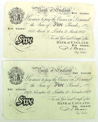 Lot 557 - 2 x Bank of England, White Five Pounds 1949...