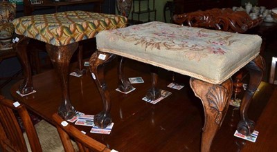 Lot 575 - A mahogany dressing stool on cabriole legs and a similar dressing stool with shell carved...