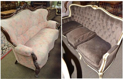 Lot 591 - Cream and parcel gilt painted settee in Louis XV style and a mahogany framed scroll back settee