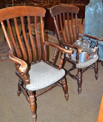 Lot 603 - Pair of beech high lath back open armchairs and a small box of glassware