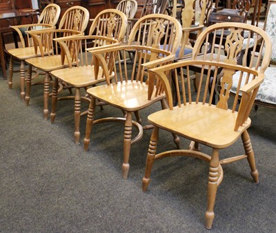 Lot 1185 - Five Modern Hardwood Windsor Armchairs, with...