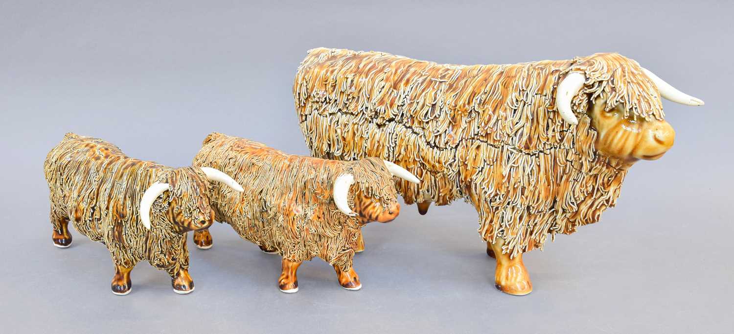 Lot 304 - Three Pottery Models of Highland Cattle, 20th...