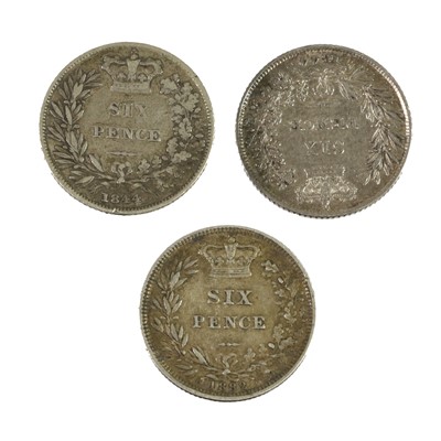 Lot 124 - 3 x Victoria, Sixpences: 1844(x2) and 1882...