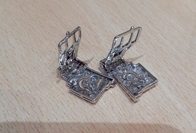 Lot 2002 - A Pair of Ruby and Diamond Clips of geometric...