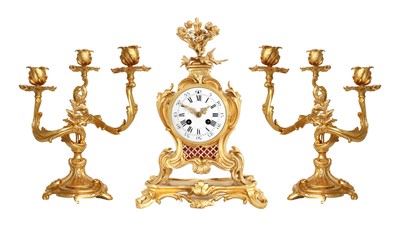 Lot 218 - An Ormolu Striking Mantel Clock Garniture,...