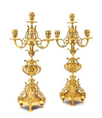 Lot 212 - A Pair of Gilt Metal Five-Light Candelabra, in...