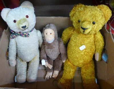 Lot 759 - Steiff type jointed monkey (no label), yellow/orange jointed Teddy with felt paws, a cream...