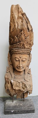 Lot 1022 - A Large Carved Wood Temple Bust, of an Indian...