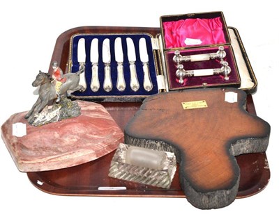 Lot 2 - A cased set of six silver handled tea knives, a cased pair of plated and mother-of-pearl knife...