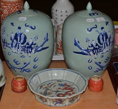 Lot 3 - Pair of celadon jars and covers, a pair of brush pots and a ducai dish, signed to base (5)