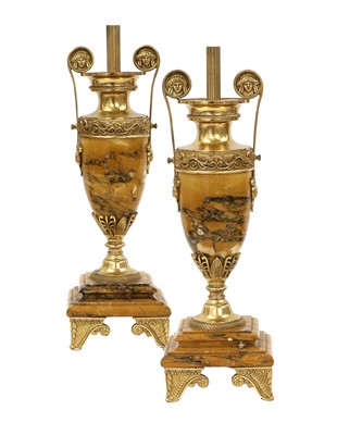 Lot 14 - A Pair of Gilt Metal Mounted Siena Marble Urns,...