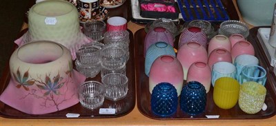 Lot 5 - Two trays including multi-coloured night lights and two coloured glass shades (on two trays)