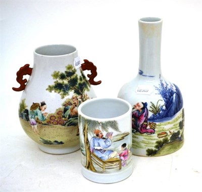 Lot 10 - Two polychrome vases and a brush pot (3)