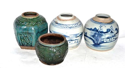 Lot 15 - A pair of Chinese provincial blue and white ginger jars, 17cm; and two green glazed stoneware...