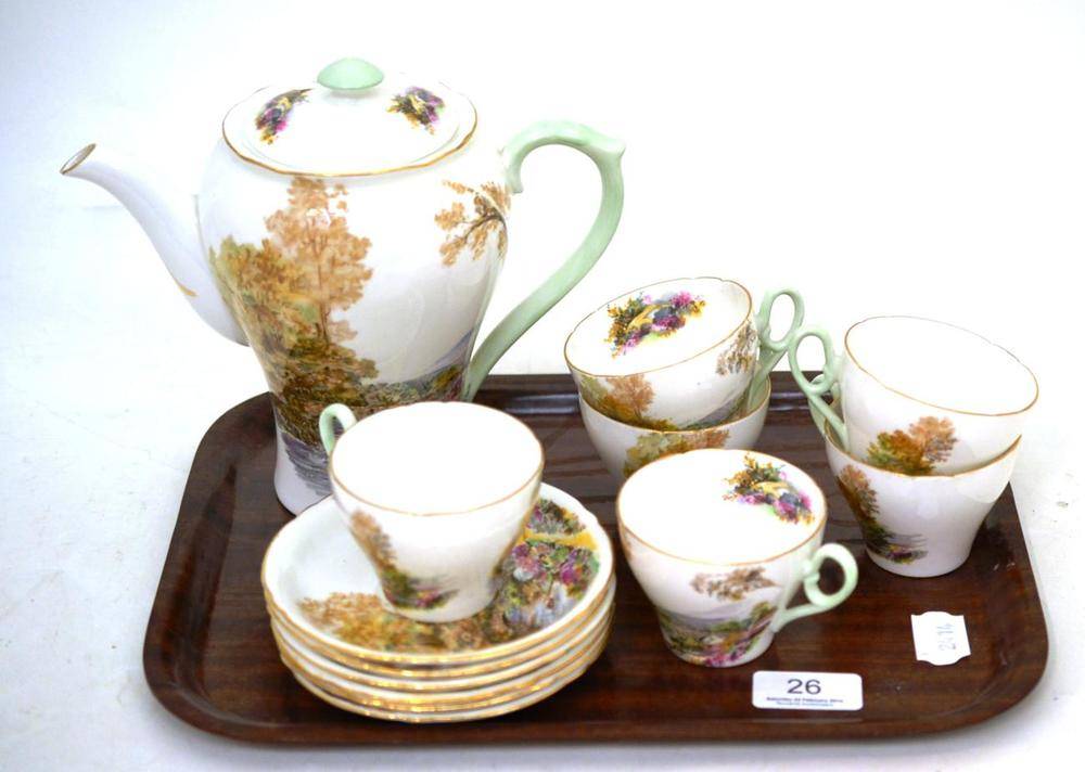 Lot 26 - Shelley 'Heather' pattern coffee set (six piece and coffee pot)